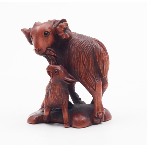 560 - Carved Netsuke Figure of Goat with Kid