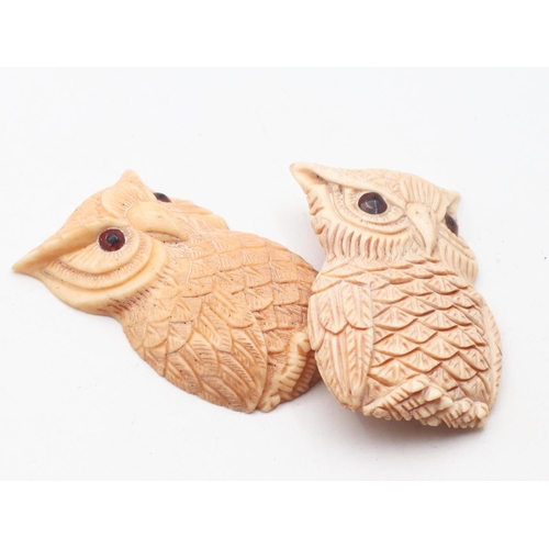 576 - Two Bone Owl Motif Carvings