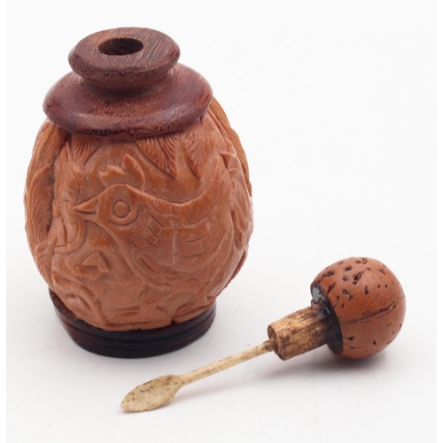 577 - Cola Nut Carved Snuff Bottle Eastern with Dipper