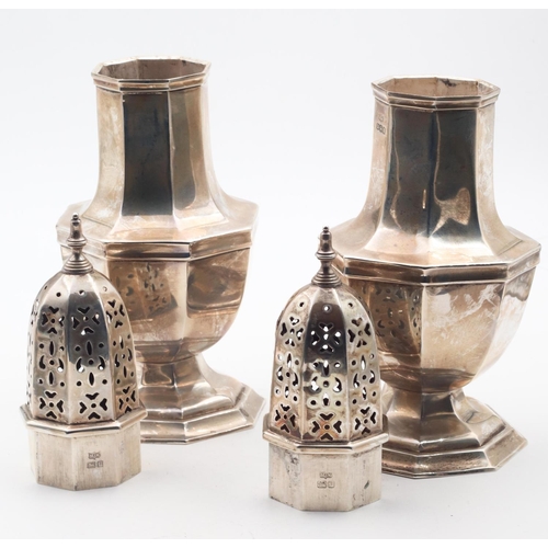 580 - Pair of Silver Sugar Casters Pedestal Form Octagonal Bases Each Approximately 5 Inches High