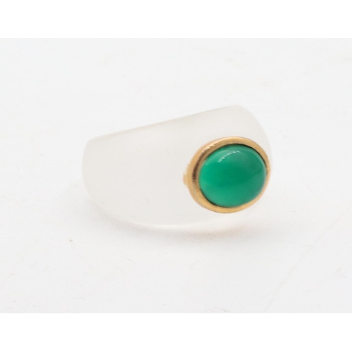 591 - Ladies Crystal Ring Inset Oval Cabochon Cut Jade Centre Stone Gold Mounted