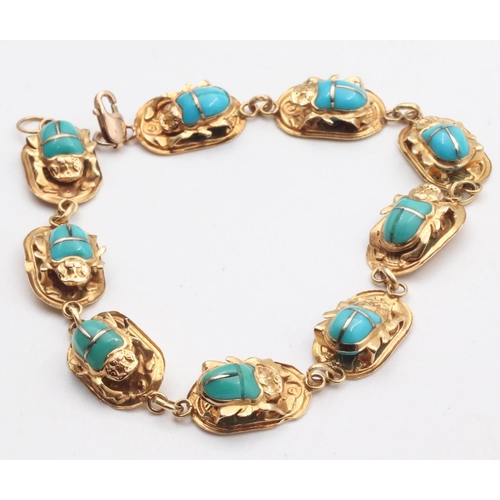 63 - Turquoise Scarab Motif Decorated Articulated Bracelet Mounted on 9 Carat Yellow Gold Length 21cm