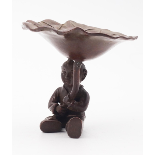 633 - Oriental Bronze Figure Boy with Lilly Pad Approximately 3cm High