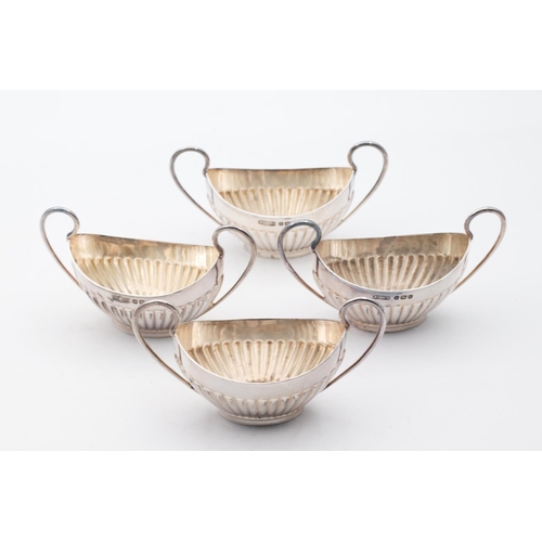 634 - Set of Four Antique Silver Table Salts Shaped Form with Gadrooned Edge Decoration to Frieze