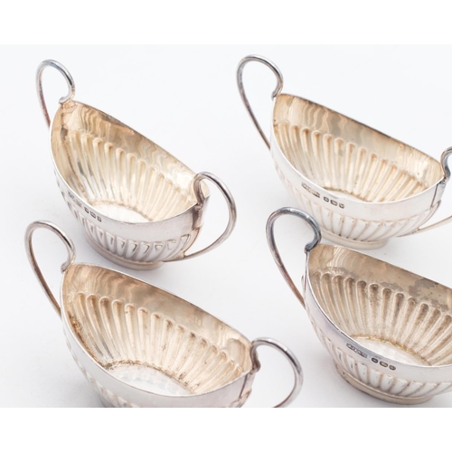 634 - Set of Four Antique Silver Table Salts Shaped Form with Gadrooned Edge Decoration to Frieze