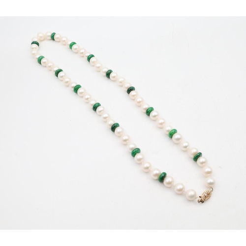 677 - Ladies Single Strand Pearl Necklace with Malachite Bead Spacers and 14 Carat Gold Clasp