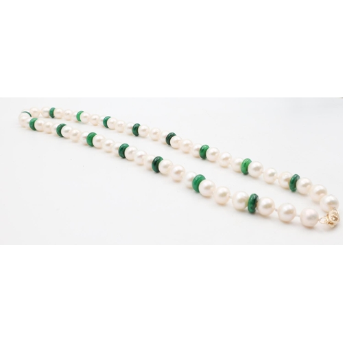 677 - Ladies Single Strand Pearl Necklace with Malachite Bead Spacers and 14 Carat Gold Clasp