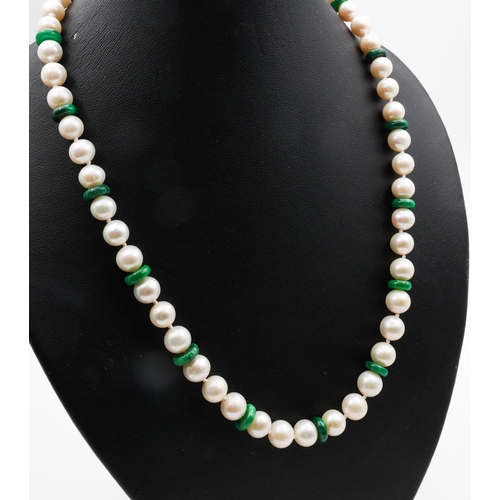 677 - Ladies Single Strand Pearl Necklace with Malachite Bead Spacers and 14 Carat Gold Clasp