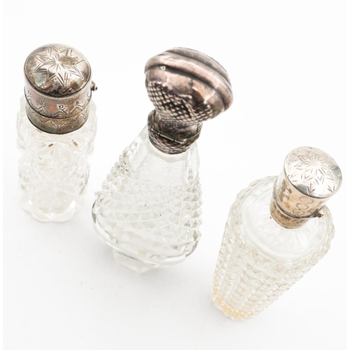 687 - Three Old Silver Mounted Cut Crystal Scent Bottles Tapering Form