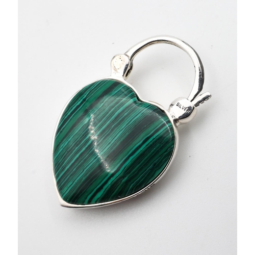 692 - Malachite Carved Heart Motif Key Safety Ring Silver Mounted with Embossed Detailing Verso