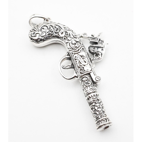 695 - Silver Pistol Motif Necklace Pendant Finely Detailed