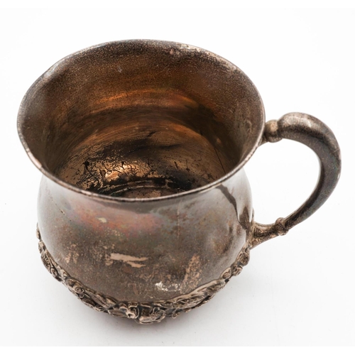 699 - Old Silver Mug with Shaped Form Handle Embossed Decorated Frieze