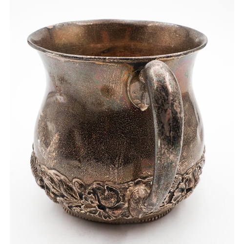 699 - Old Silver Mug with Shaped Form Handle Embossed Decorated Frieze