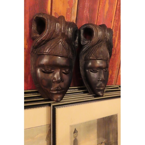 760 - Two Old African Carved Ebony Wall Masks Each Approximately 10 Inches High