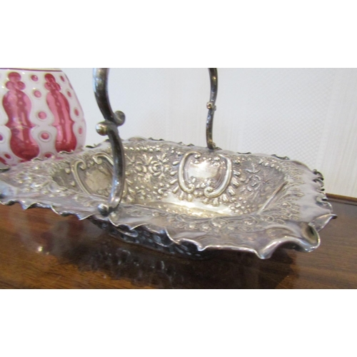 806 - Victorian Silver Fruit Basket with Shaped Form Swing Carry Handle Embossed Detailing Approximately 1... 