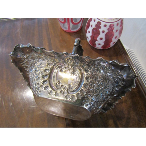 806 - Victorian Silver Fruit Basket with Shaped Form Swing Carry Handle Embossed Detailing Approximately 1... 