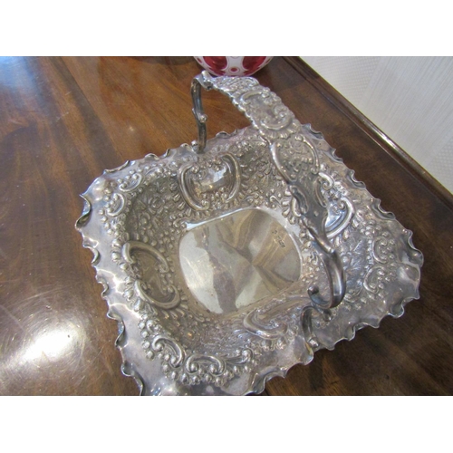 806 - Victorian Silver Fruit Basket with Shaped Form Swing Carry Handle Embossed Detailing Approximately 1... 