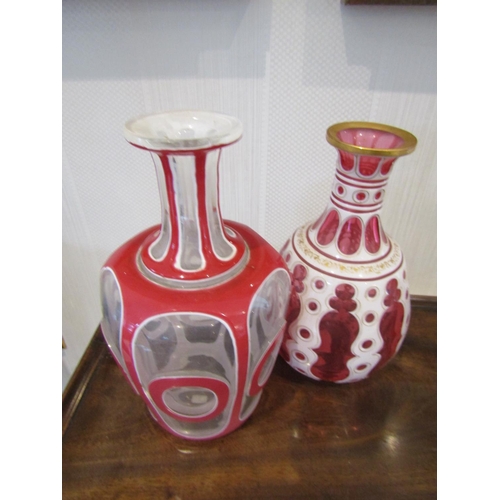 807 - Two Antique Bohemian Ruby and Overlaid Crystal Vases 19th Century Each with Flared Rim, Decorated wi... 