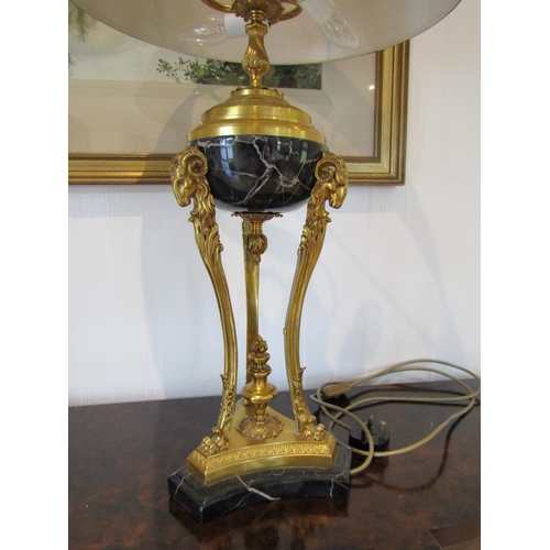 823 - Antique Empire Ormolu Mounted Marble Table Lamp with Toileware Decorated Metal Shade Gilt Detailed R... 