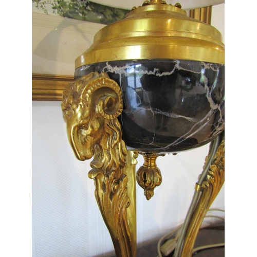 823 - Antique Empire Ormolu Mounted Marble Table Lamp with Toileware Decorated Metal Shade Gilt Detailed R... 