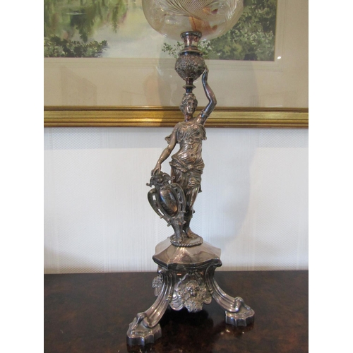 824 - Imposing Antique Oil Lamp Dated 1903 Figural Form Hibernia with Original Cut Crystal Well Shade Cart... 