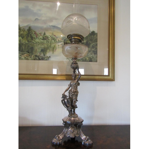 824 - Imposing Antique Oil Lamp Dated 1903 Figural Form Hibernia with Original Cut Crystal Well Shade Cart... 