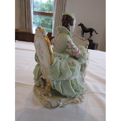 830 - Irish Dresden Figure The Love Letter Lady Seated at Table Finely Detailed with Gilded Decoration Ove... 