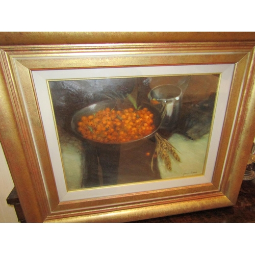 846 - James English Pyracantha Berries and Silver Jug Oil on Canvas Dated 1999 Approximately 12 Inches Hig... 