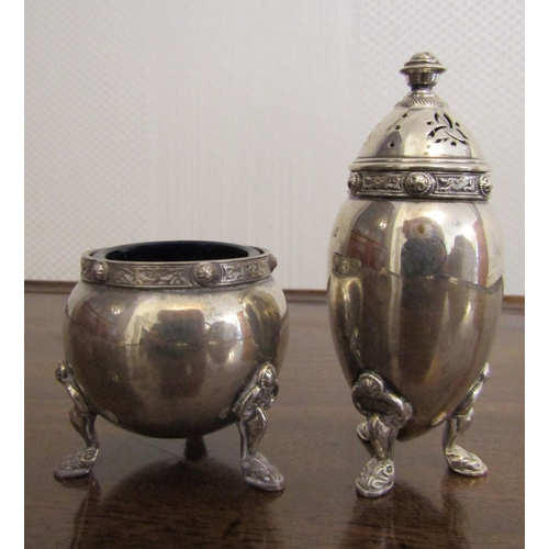 859 - Silver Salt and Cruet Globe Form with Shaped Form Supports Celtic Motifs Attractively Detailed with ... 