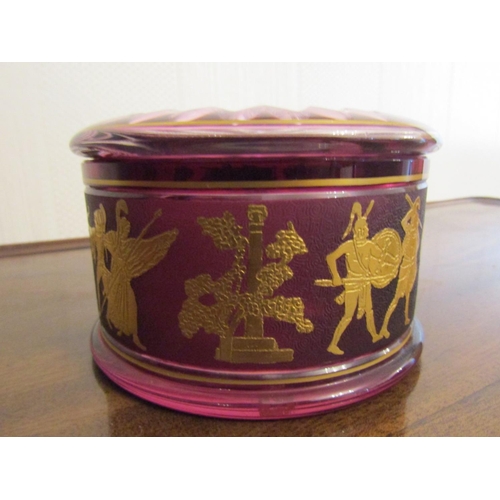 862 - Ruby Cut Crystal Circular Form Powder Jar with Inlaid Grecian Motifs Good Original Condition Approxi... 