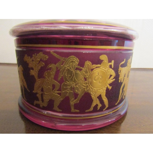 862 - Ruby Cut Crystal Circular Form Powder Jar with Inlaid Grecian Motifs Good Original Condition Approxi... 