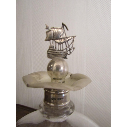 863 - Rare Antique Silver Galleon Motif Mounted Cut Crystal Circular Life Buoy Form Wine Decanter Finely D... 