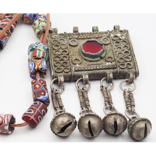 88 - Rashaida Tribal Adornment, Red Glass Detailed and Venetian Millefiori Necklace Length of Rashaida Ne... 