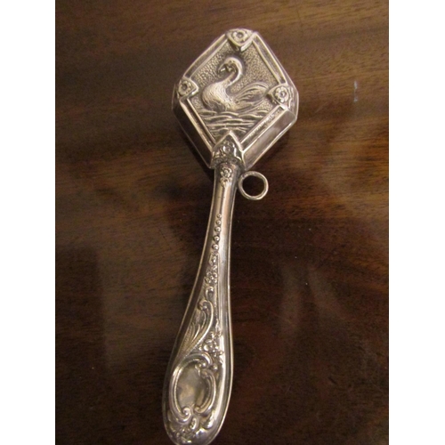 885 - Victorian Silver Babies Rattle with Embossed Swan Motif Decoration