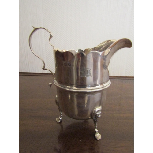 886 - Silver Cream Jug with Armorial Crest Flying C Shaped Handle and Lion Head Motif Decorated Supports A... 