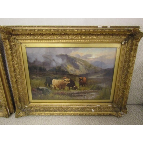 923 - William Langley (1852-1922) Victorian School Highland Scenes Cattle with Mountains Beyond Oil on Can... 