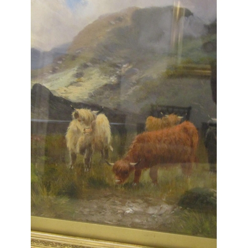 923 - William Langley (1852-1922) Victorian School Highland Scenes Cattle with Mountains Beyond Oil on Can... 