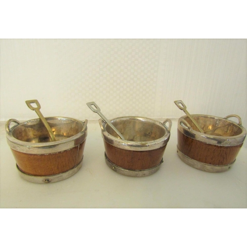 927 - Three Bound Table Salts Barrel Form with Matching Spoons Unmarked Silver Mounts Each Approximately 2... 