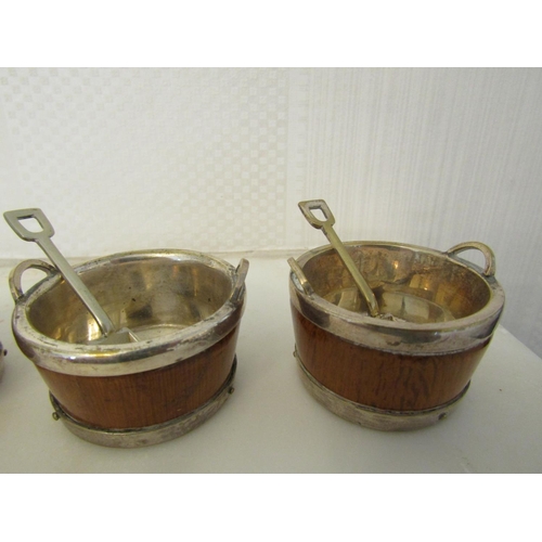 927 - Three Bound Table Salts Barrel Form with Matching Spoons Unmarked Silver Mounts Each Approximately 2... 