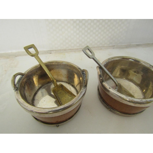 927 - Three Bound Table Salts Barrel Form with Matching Spoons Unmarked Silver Mounts Each Approximately 2... 