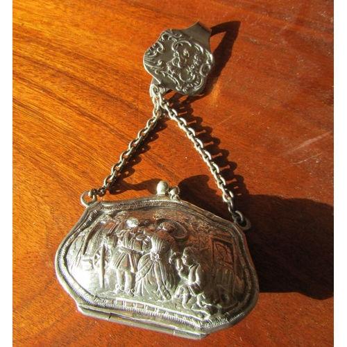 928 - Antique Silver Ladies Purse Lined Interior with Original Chain and Chatelaine Decorated Depicting Pr... 