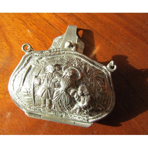 928 - Antique Silver Ladies Purse Lined Interior with Original Chain and Chatelaine Decorated Depicting Pr... 