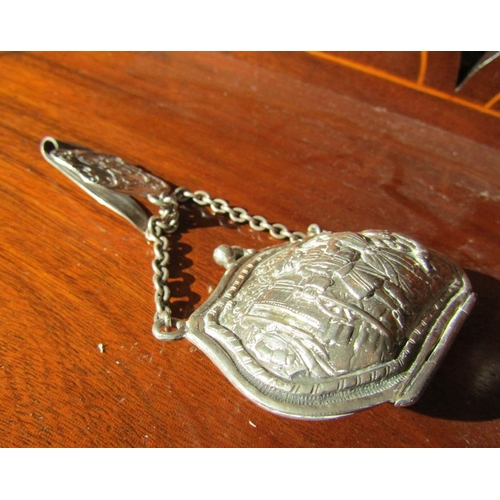 928 - Antique Silver Ladies Purse Lined Interior with Original Chain and Chatelaine Decorated Depicting Pr... 