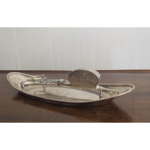 934 - Georgian III Irish Silver Pin Tray Oval Form Flange Handle Reserve with Central Bright Cut Crest and... 