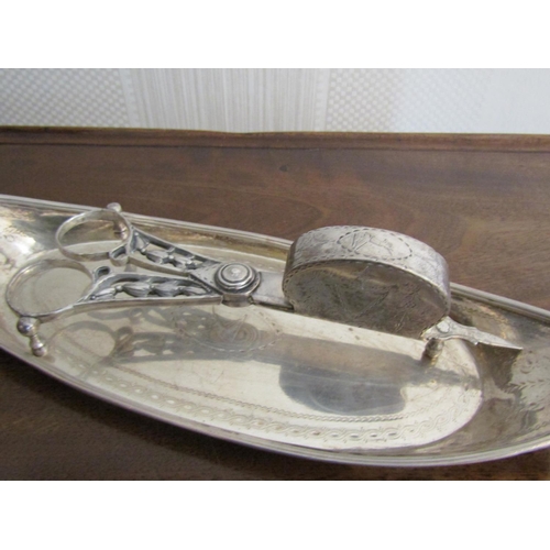 934 - Georgian III Irish Silver Pin Tray Oval Form Flange Handle Reserve with Central Bright Cut Crest and... 