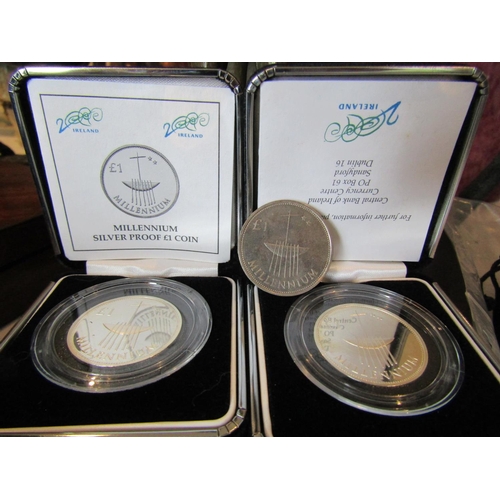 944 - Two Silver Proof One Pound Irish Coins Millennium Strike and One Uncased Example Three in Lot