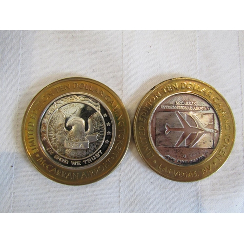 961 - Two McCarron Airport Gaming Tokens One Depicting Twin Towers Now Destroyed Both Fine Silver