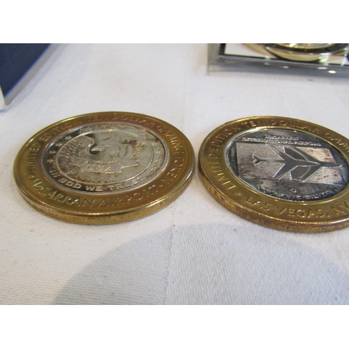 961 - Two McCarron Airport Gaming Tokens One Depicting Twin Towers Now Destroyed Both Fine Silver