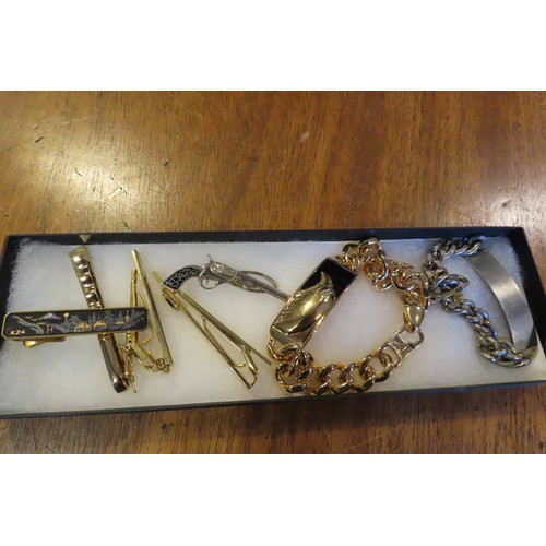 769 - Various Tie Pins and Two Gents Panel Link Bracelets