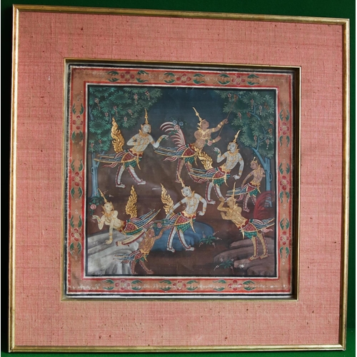 6 - Antique Eastern School Mythological Figures Gouache with Gilding contained within Water Gilded Frame... 